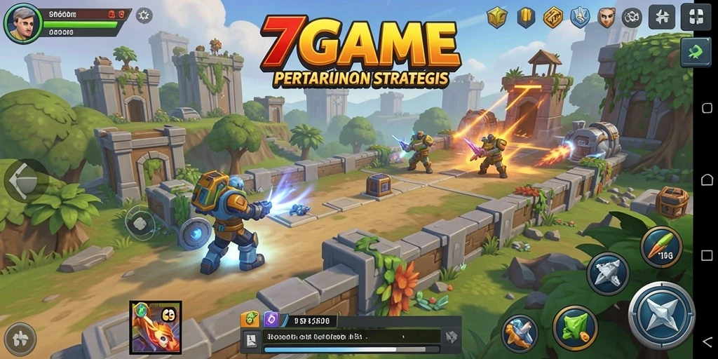 Screenshot gameplay 7GAME menunjukkan aksi pertahanan yang dinamis.