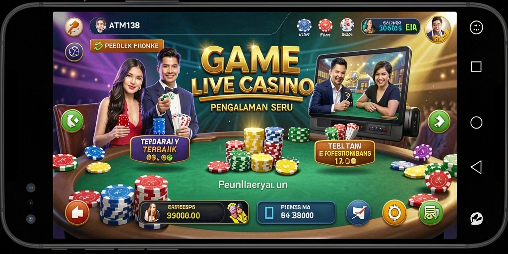 Screenshot gameplay Live Casino menampilkan dealer langsung dan suasana kasino yang nyata.