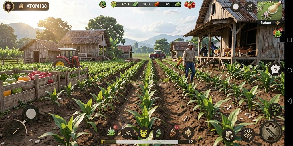 Screenshot gameplay ATOM138 menampilkan suasana pertanian yang cerah dan interaktif.