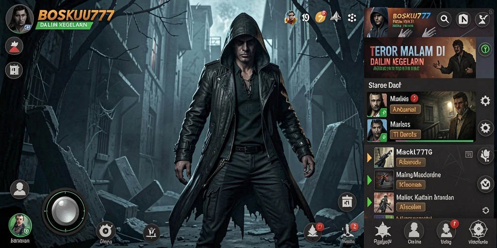 Screenshot BOSKU777 menampilkan pemain berhadapan dengan makhluk menyeramkan di kegelapan.