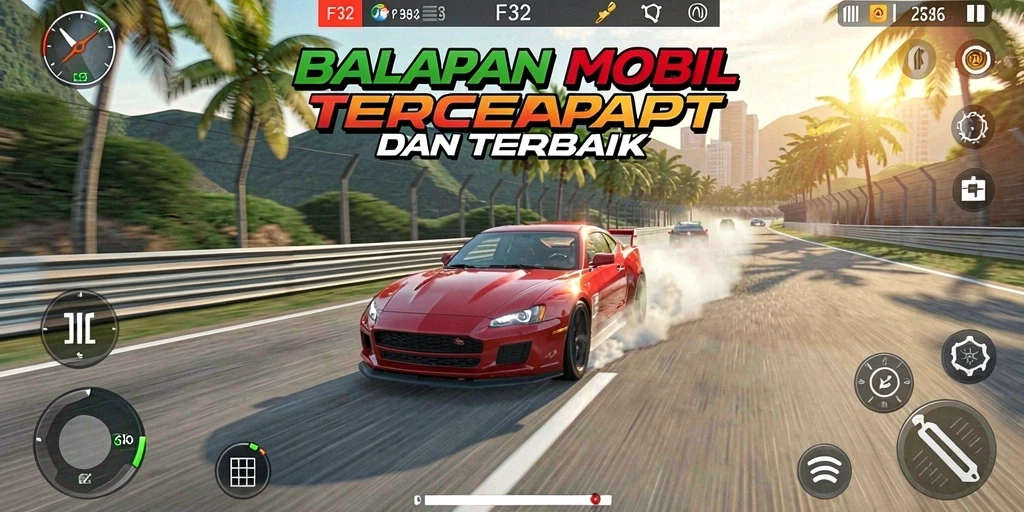 Tangkapan layar F32 menampilkan aksi balapan seru dengan mobil-mobil cepat.