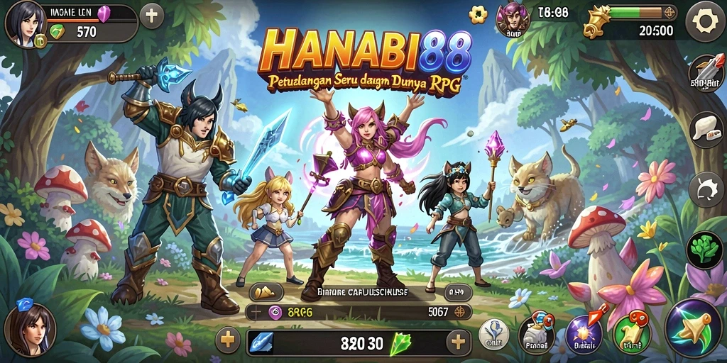 Tampilan gameplay seru dan mendetail dari HANABI88 dalam petualangan RPG.