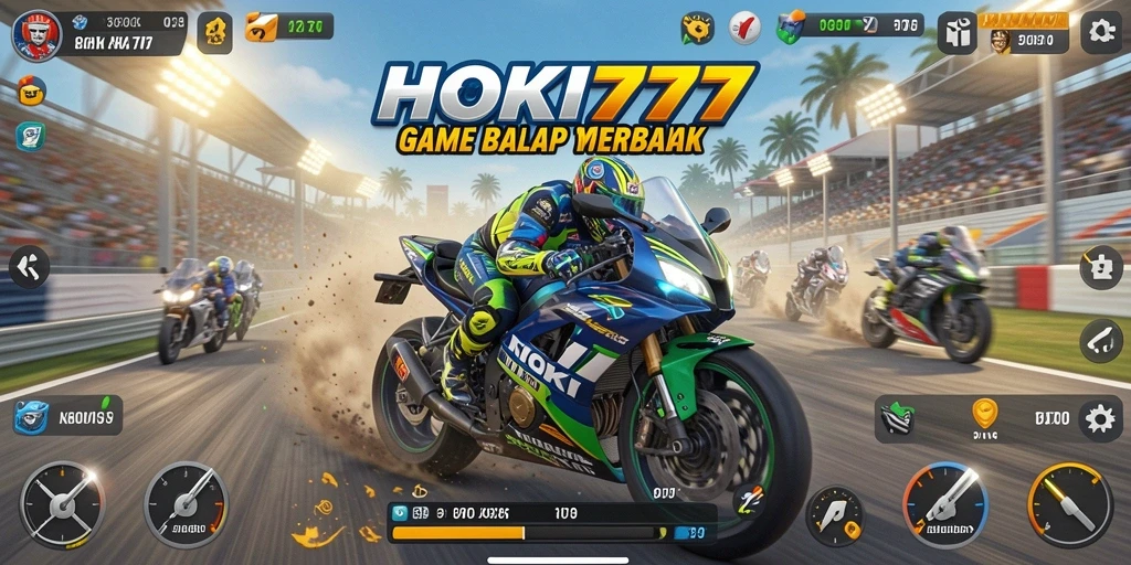 Tampilan gameplay seru HOKI777 dengan berbagai motor balap.