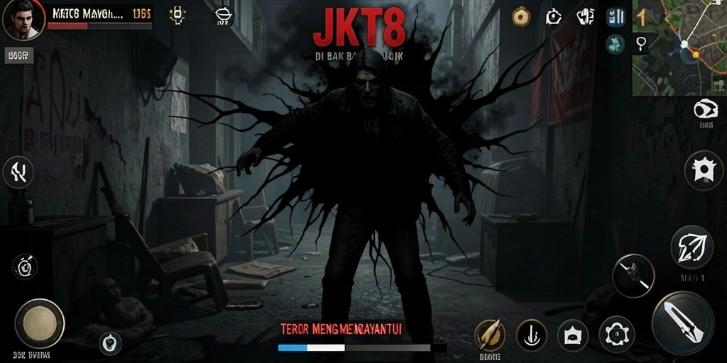 Screenshot utama JKT8 menampilkan suasana mencekam saat pemain menjelajahi lokasi yang gelap.