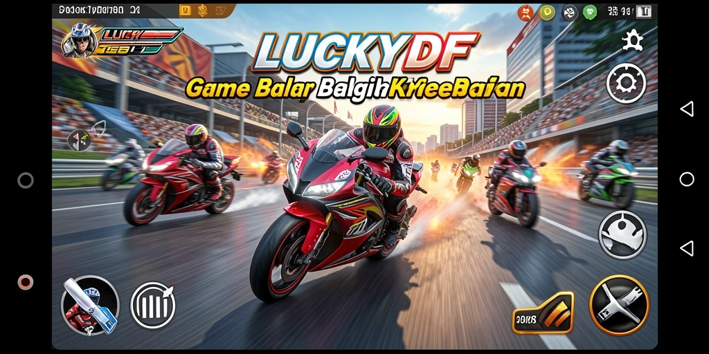 Tangkapan layar gameplay LUCKYDF menampilkan aksi balap motor yang seru.