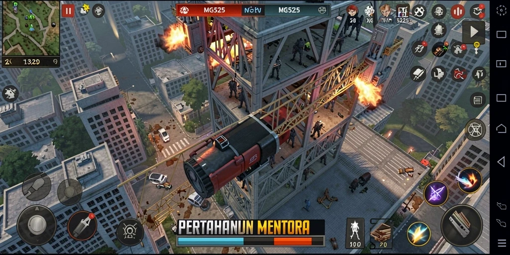 Screenshot utama MG525 menampilkan aksi seru dalam pertahanan menara.