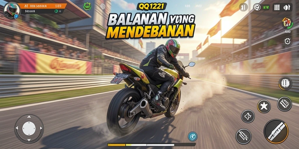 Screenshot gameplay QQ1221 menampilkan aksi balapan motor yang mendebarkan.