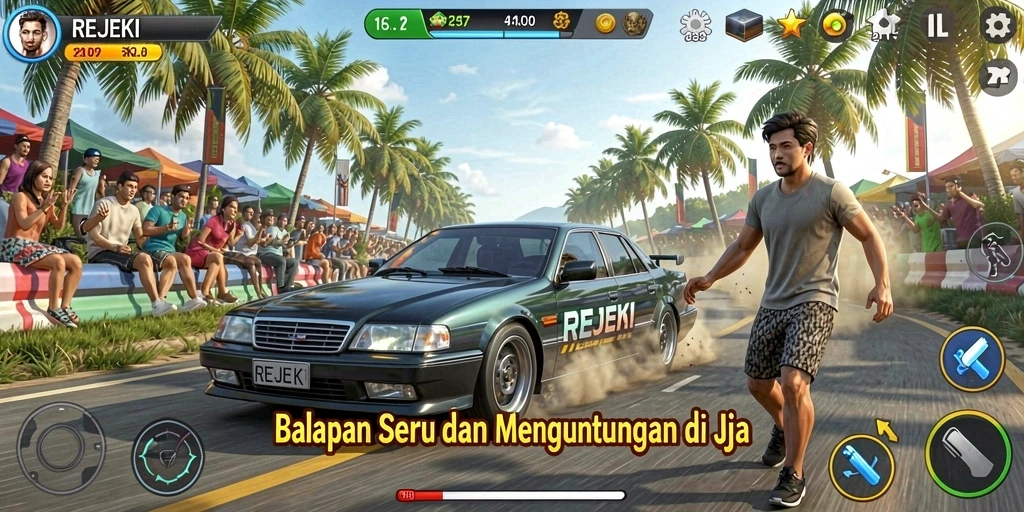 Screenshot gameplay balapan seru di REJEKI menunjukkan momen mendebarkan di lintasan.