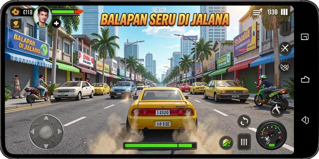 Screenshot gameplay SE328 menampilkan mobil balap di trek yang menegangkan.