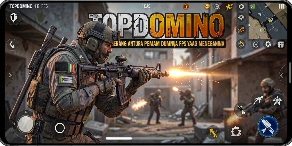 Screenshot gameplay <strong>TOPDOMINO</strong> menunjukkan aksi tembak-menembak intens.