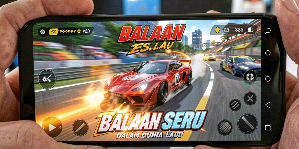 Screenshot V21 menampilkan balapan mendebarkan di trek urban.