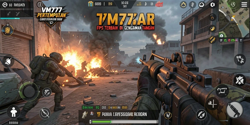 Screenshot utama VM777 menunjukkan aksi pertempuran menegangkan dalam mode FPS.